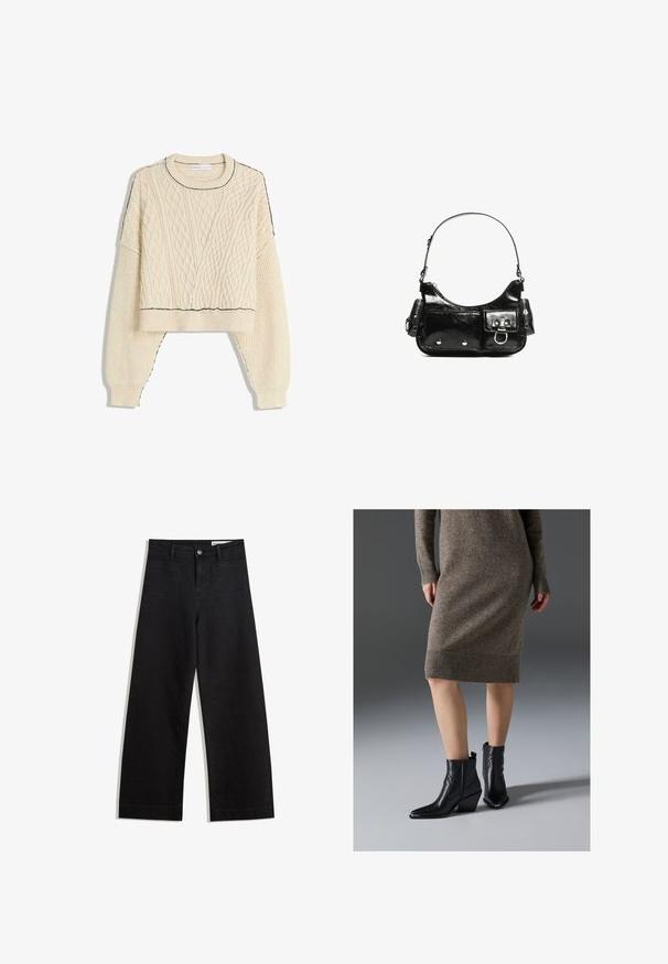 Krém színű, kötött pulóver, amelynek cropped fazonja van, bordás mandzsettákkal és kontrasztos fekete díszítéssel a nyakvonalon és az alján.; Fekete, bő szabású farmernadrág magas derékkal, elülső és hátsó zsebekkel, varrott felületekkel és gombos záródással. Sima textúra.; Fekete bőrnadrágcsizma hegyes orral, vastag sarokkal és cikkcakk varrási részletekkel, párosítva egy bordó, bordázott kötött ruhával.; Fekete lakkbőr kézitáska ívelt formával, egy vállpánttal, elülső zsebekkel és ezüstszínű fémrészletekkel.