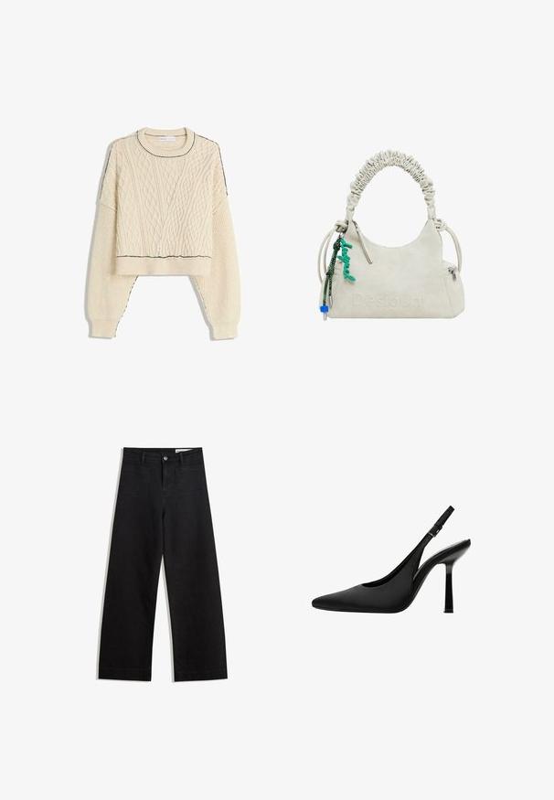 Cream cable-knit sweater featuring a cropped design, ribbed cuffs, and a contrasting black outline on the neckline and hem.; Black wide-leg denim pants with a high waist, featuring front and back pockets, stitched seams, and a button closure. Smooth texture.; Black satin slingback pump with a pointed toe, sleek design, and a high, glossy stiletto heel. Adjustable ankle strap detail.; Off-white faux leather handbag with ruched handle, zip pocket, and green charm. Smooth texture, understated embossed logo, and sleek design.
