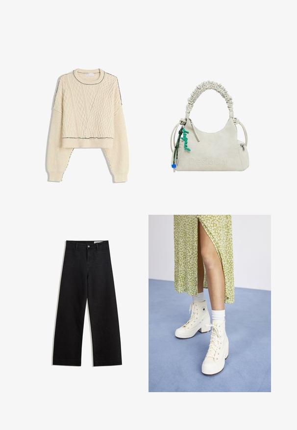 Krémový sveter s pleteným vzorom a skráteným strihom, s rebrovanými manžetami a kontrastným čiernym orámovaním na dekolte a leme.; Čierne denimové nohavice s širokými nohavicami a vysokým pásom, so prednými a zadnými vreckami, šitými švami a zapínaním na gombík. Hladká textúra.; Biele vysoké platformové tenisky s šnúrkami a striebornými očkami, v kombinácii s bielymi štucňami, na svetlomodrom podlahe.; Krémová kabelka z imitácie kože s riasenou rúčkou, zipsovým vreckom a zeleným príveskom. Hladká textúra, nenápadne embosovaný logo a elegantný dizajn.