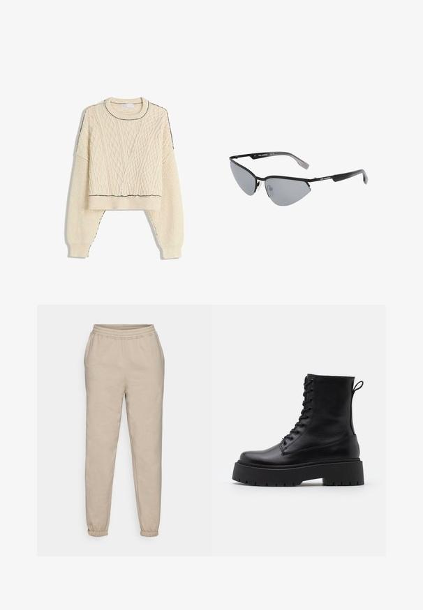 Creme kabelstrikket sweater med en cropped design, ribbede manchetter og en kontrasterende sort kant ved halsudskæringen og nederste kant.; Beige sweatpants lavet af blødt bomuldsblandingsstof. Har en elastisk talje og tapered manchetter for en afslappet pasform.; Sorte læder ankelstøvler med rund tå, snørebånd foran og en tyk gummisål med struktureret slidbane. Hæfteløkke bagpå.; Sorte solbriller med vinkelret, katteøje-design. Sølvfarvede spejllinser. Slanke, lette plastikstel med subtil branding på stængerne.