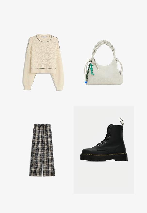 Maglione cremoso a trecce con design cropped, polsini a costine e un contorno nero a contrasto sul collo e sull'orlo.; Pantaloni a gamba larga con motivo a quadri in nero, beige e grigio, dotati di vita elastica e coulisse. Tessuto morbido e testurizzato con un motivo a scacchi.; Stivali alla caviglia neri in pelle con lacci, dotati di una suola in gomma testurizzata e spessa, e dettaglio in cucitura gialla attorno alla piattaforma.; Borsa a mano in ecopelle avorio con manico arricciato, tasca con zip e charm verde. Texture liscia, logo in rilievo discreto e design elegante.