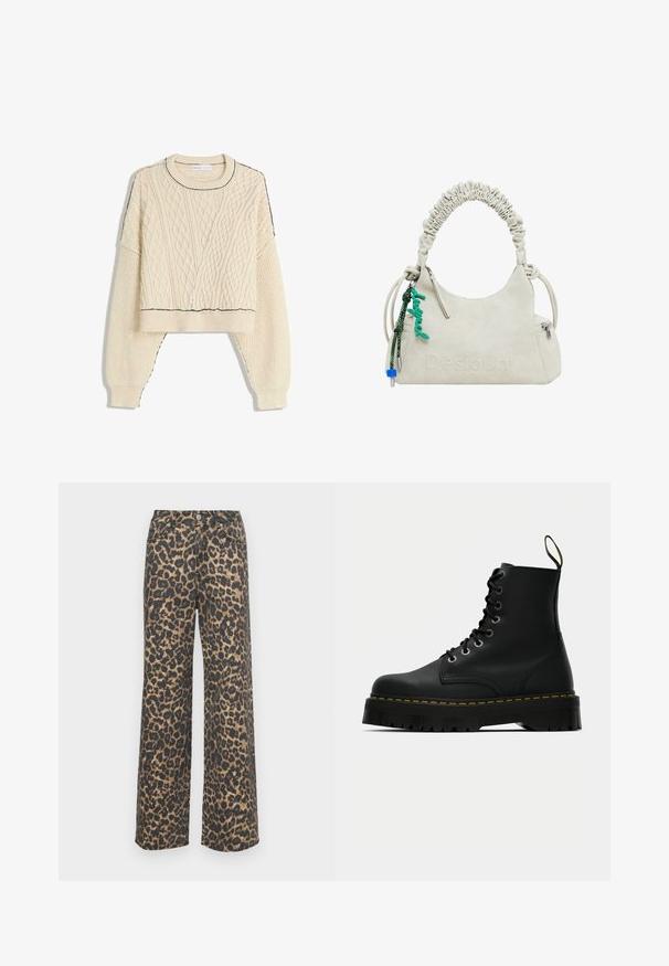Krémový svetr s pleteným vzorem, který má zkrácený střih, žebrované manžety a kontrastní černý lem na výstřihu a spodním lemu.; Džínsy s potiskem leopardí srsti v širokém střihu z bavlněné směsi. Vysoký pas, přední kapsy a kontrastní černobéžový vzor. Slender, rovný střih.; Černé kožené kotníkové boty na šněrování s robustní texturovanou gumovou podrážkou a žlutým prošíváním kolem platformy.; Béžová kabelka z umělé kůže s řaseným madlem, zipovou kapsou a zeleným přívěskem. Hladký povrch, decentní embosované logo a elegantní design.
