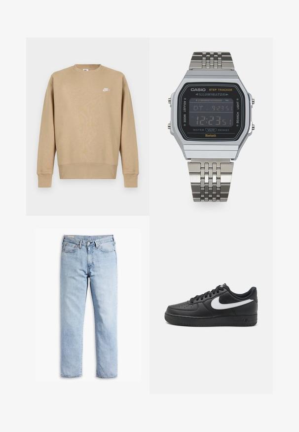 Gaiši brūns Nike sporta krekls ar apaļu kaklu, garām piedurknēm un balto logotipu uz krūtīm. Audums izskatās mīksts ar gludu tekstūru.; Gai ziliņš džinsi ar taisnu kāju dizainu, piecu kabatu stilu un izturīgu šuvju detaļām. Iekļauta rāvējslēdzēja atslēga un metāla poga.; Melni Nike Air Force 1 kedai ar gludu ādas virsu, balti logotipa akcenti, perforētu purngals un teksturēta gumijas zole.; Casio STEP TRACKER UNISEX - Digitālais pulkstenis - black