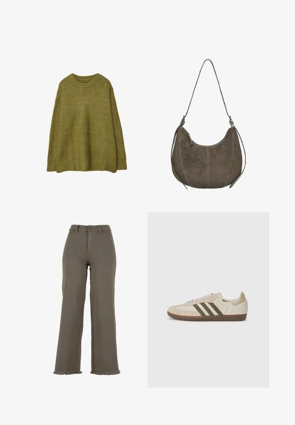 Maslinasto zeleni oversized pleteni pulover s rebrastim okruglim izrezom i rubom. Tkanina ima mekanu teksturu s suptilnim sjajem. Labav kroj, duži rukavi.; Maslinasto zelene široke traperice s dugim nogavicama, sa kopčanjem na dugme, izrezanim rubovima i prednjim džepovima. Glatka tekstura kroz cijelu tkaninu.; adidas Originals SAMBA OG UNISEX - Tenisice - alumina/medium dark khaki/gum; Smeđa suđena hobo torba s zakrivljenim oblikom, kontrastnim šavovima, jednim remenom za rame i detaljem sa zatvaračem. Cjelokupna površina je glatka.