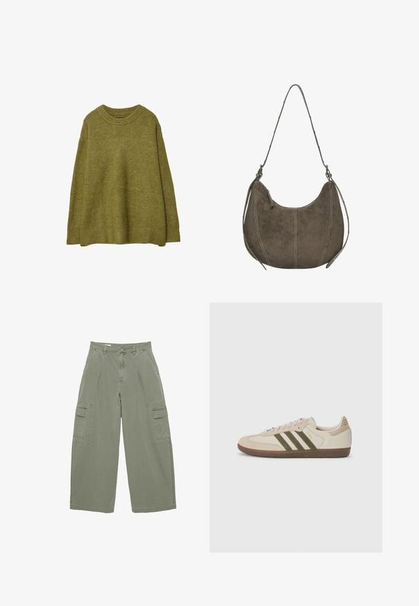 Olivově zelený oversized pletený svetr s úpletem pod krk a lemem. Materiál je měkký na dotek s jemným leskem. Volný střih, dlouhé rukávy.; Olivově zelené cargo kalhoty s širokými nohavicemi, které mají dvě boční kapsy a zapínání na knoflík. Vyrobené z odolné bavlněné látky.; adidas Originals SAMBA OG UNISEX - Tenisky - alumina/medium dark khaki/gum; Hnědá semišová hobo taška s zakřiveným tvarem, kontrastním prošíváním, jedním ramenním popruhem a detailem zipového uzávěru. Celkově hladká textura.
