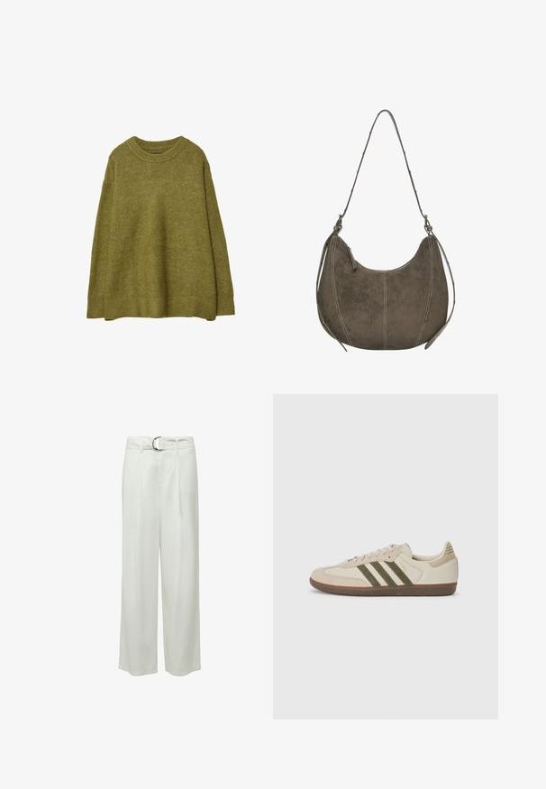Olivově zelený oversized pletený svetr s úpletem pod krk a lemem. Materiál je měkký na dotek s jemným leskem. Volný střih, dlouhé rukávy.; Bílé široké kalhoty s hladkým povrchem, s předními sklady a stříbrným kruhovým přezkovým opaskem. Není vidět žádné kapsy.; adidas Originals SAMBA OG UNISEX - Tenisky - alumina/medium dark khaki/gum; Hnědá semišová hobo taška s zakřiveným tvarem, kontrastním prošíváním, jedním ramenním popruhem a detailem zipového uzávěru. Celkově hladká textura.