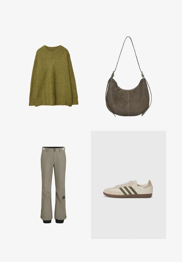 Olivengrüner, übergroßer Strickpullover mit geripptem Rundhalsausschnitt und Saum. Der Stoff hat eine weiche Textur mit einem dezenten Glanz. Lockerer Schnitt, lange Ärmel.; Helle grau Ski-Hosen mit strukturierter Oberfläche, ausgestattet mit schwarzen elastischen Bündchen, zwei Knöpfen und einem seitlichen Logo-Patch.; adidas Originals SAMBA OG UNISEX - Sneaker low - alumina/medium dark khaki/gum; Braune Wildleder-Hobo-Tasche mit geschwungener Form, Kontrastnähten, einem einzigen Schultergurt und Reißverschluss-Detail. Insgesamt glatte Textur.