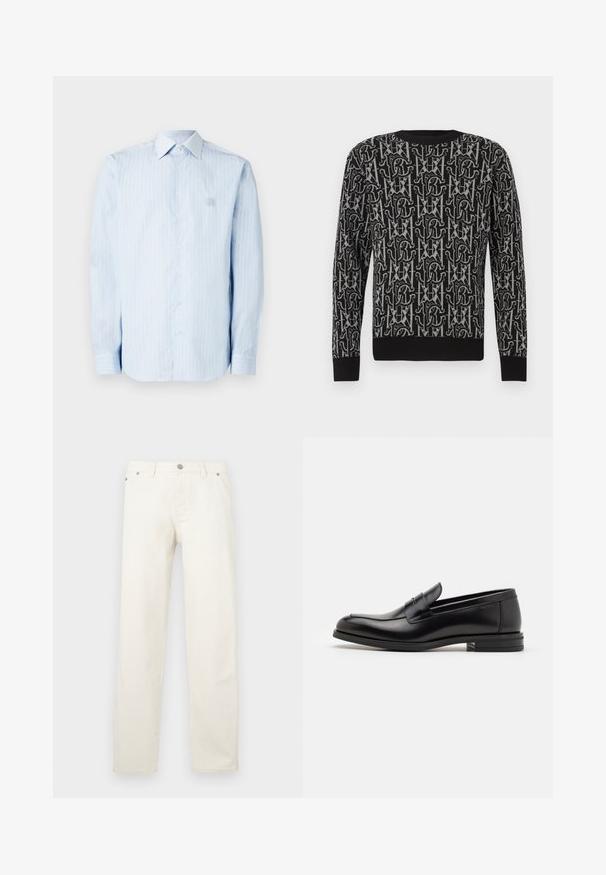 Musta neulepaita, jossa on toistuva harmaa kirjain- ja kuvioaiheinen kuvio, pyöreä pääntie sekä resorit hihansuissa ja helmassa.; Vaaleansininen pitkähihainen paita, jossa pystysuorat raidat, napillinen etuosa, klassinen kaulus ja vasemman rinnan kirjailtu logo. Puuvillakangasta.; Valkoiset suoralahkeiset farkut, joissa on napillinen vetskari, vyölenkit ja viisi taskua. Kangas on sileäpintainen.; Mustat nahkakengät, joissa on sileä pinta, pyöreä kärki ja koristeellinen nauha jalkapöydän yli. Matala pinoitu koroke, minimalistinen muotoilu.