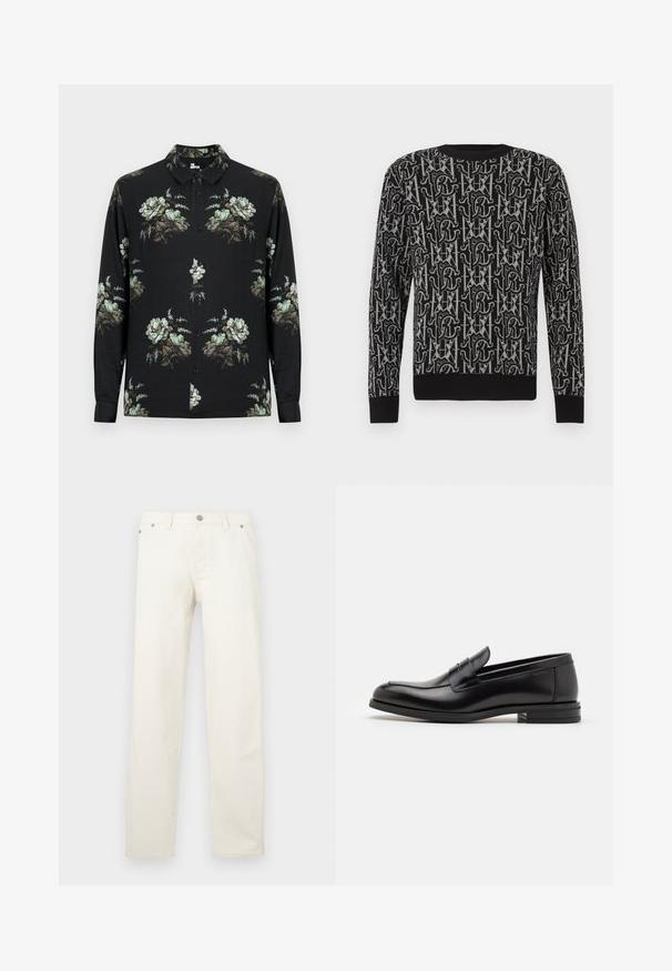 Černý pletený svetr s opakujícím se šedým vzorem písmen a tvarů, s kulatým výstřihem a žebrovanými manžetami a lemem.; Černá košile s dlouhým rukávem na knoflíky, s rovnoměrně rozmístěnými zelenými a béžovými květinovými vzory na přední straně, rukávech a límci.; Bílé džíny s rovnými nohavicemi z denimu, s knoflíkovou légu, poutky na opasek a pěti kapsami. Látka má hladkou texturu.; Černé kožené polobotky s hladkou texturou, zaoblenou špičkou a zdobným páskem přes nárt. Nízký stohovaný podpatek, minimalistický design.