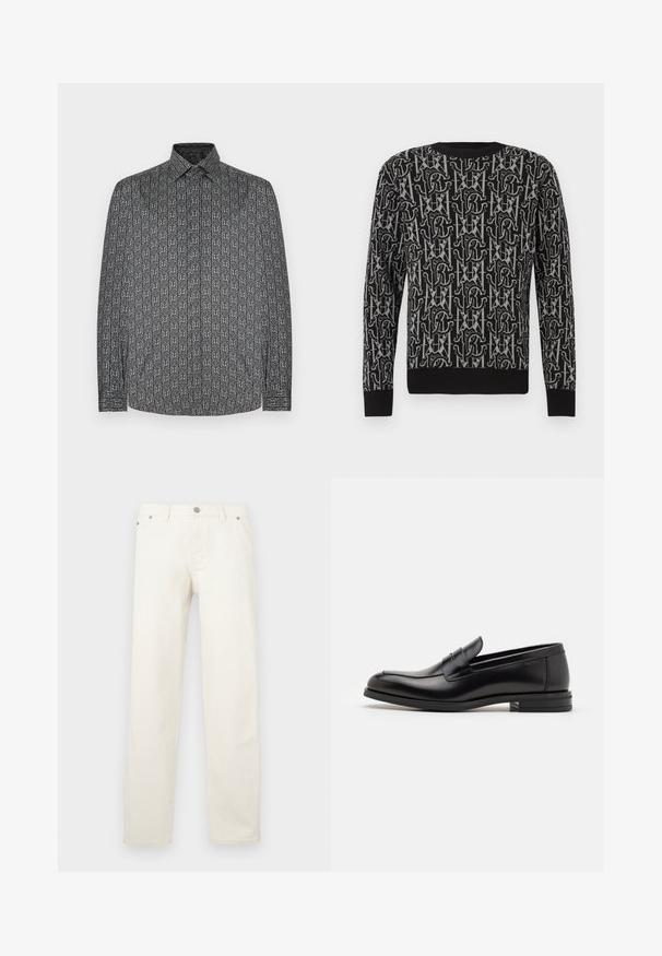 Black knit sweater featuring a repeating grey pattern of letters and shapes, with a crew neckline and ribbed cuffs and hem.; Long-sleeve shirt featuring a dark gray base with a repeating abstract white pattern. Button-down collar and cuff details visible.; White straight-leg jeans made of denim, featuring a button fly, belt loops, and five pockets. The fabric has a smooth texture.; Black leather loafers with a smooth texture, rounded toe, and a decorative strap across the vamp. Low stacked heel, minimalist design.