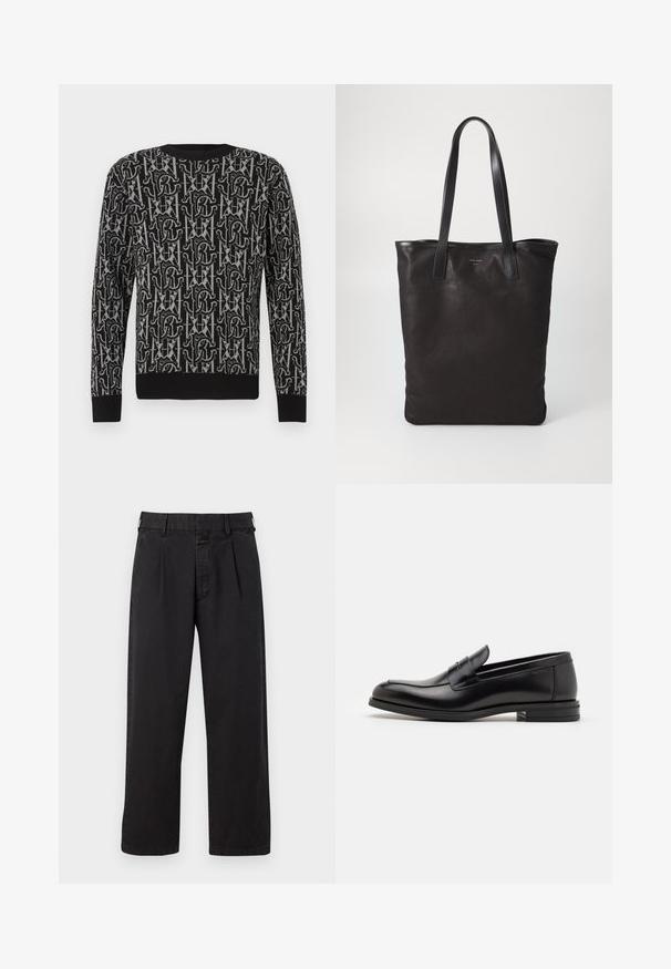 Černý pletený svetr s opakujícím se šedým vzorem písmen a tvarů, s kulatým výstřihem a žebrovanými manžetami a lemem.; Černé bavlněné kalhoty rovného střihu, s plisovaným předním dílem, poutky na opasek a zapínáním na knoflík. Hladká textura bez vzorů.; Černé kožené polobotky s hladkou texturou, zaoblenou špičkou a zdobným páskem přes nárt. Nízký stohovaný podpatek, minimalistický design.; Černá plátěná taška s černými koženými uchy. Jednoduchý design, prostorné tělo a hladký povrch. Žádné viditelné loga ani vzory.
