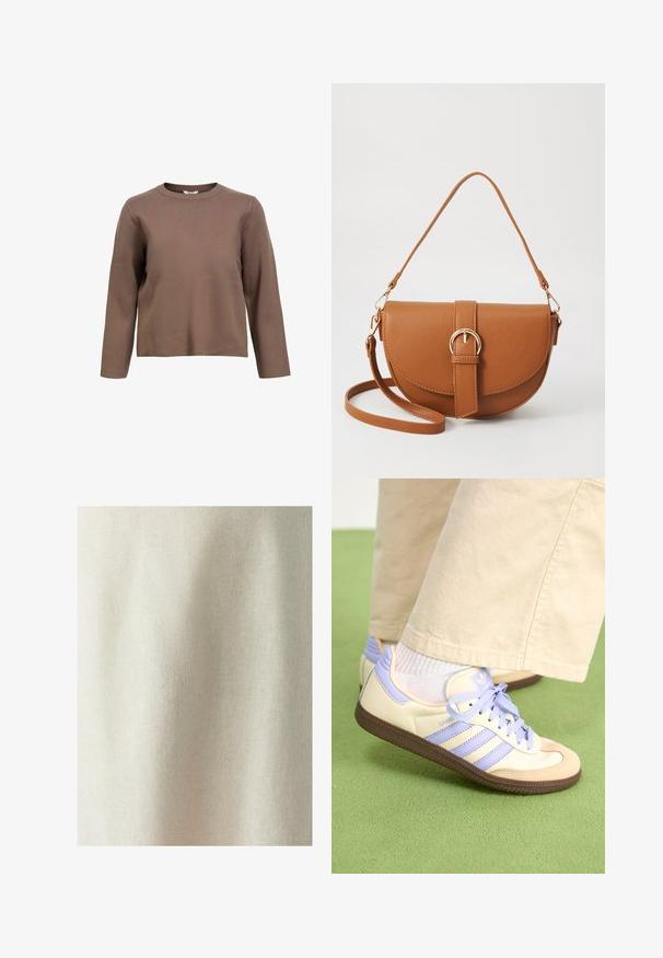 Object OBJREYNARD O-NECK NOOS - Jersey de punto - morel; Tejido de color beige claro con una textura sutil y un tejido uniforme, que muestra suaves arrugas y pliegues, adecuado para diversas aplicaciones textiles.; Zapatillas de crema y lavanda con tres rayas y una suela marrón texturizada, que cuentan con cordones y un talón acolchado. Parte superior de tela suave.; Bolso bandolera de cuero marrón con forma curvada, herrajes dorados y un acento de hebilla. Incluye una correa de hombro desmontable.