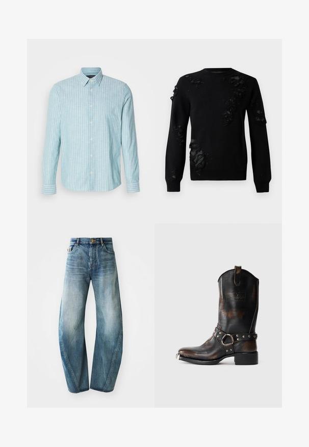 Μαύρο πουλόβερ με μακριά μανίκια, διαθέτει φθαρμένα υφασμάτινα στοιχεία και υφασμένες επιφάνειες. Στρογγυλή λαιμόκοψη και μαλακό πλεκτό υλικό.; Ανοιχτό μπλε πουκάμισο με μακρύ μανίκι και κάθετες λευκές ρίγες, με κλασικό γιακά και κουμπιά. Μαλακή υφή, χαλαρός σχεδιασμός.; Ανοιχτό γαλάζιο τζιν παντελόνι με ίσια γραμμή, ψηλή μέση και λείανση σε όλη την επιφάνεια. Διαθέτει πέντε τσέπες και κλείσιμο με κουμπί.; Μαύρη δερμάτινη cowboy μπότες με καφέ φθορές, διακοσμητική ταινία με μεταλλικά καρφιά και κρίκο, και μεταλλικό καπέλο στο δάχτυλο σε λευκό φόντο.