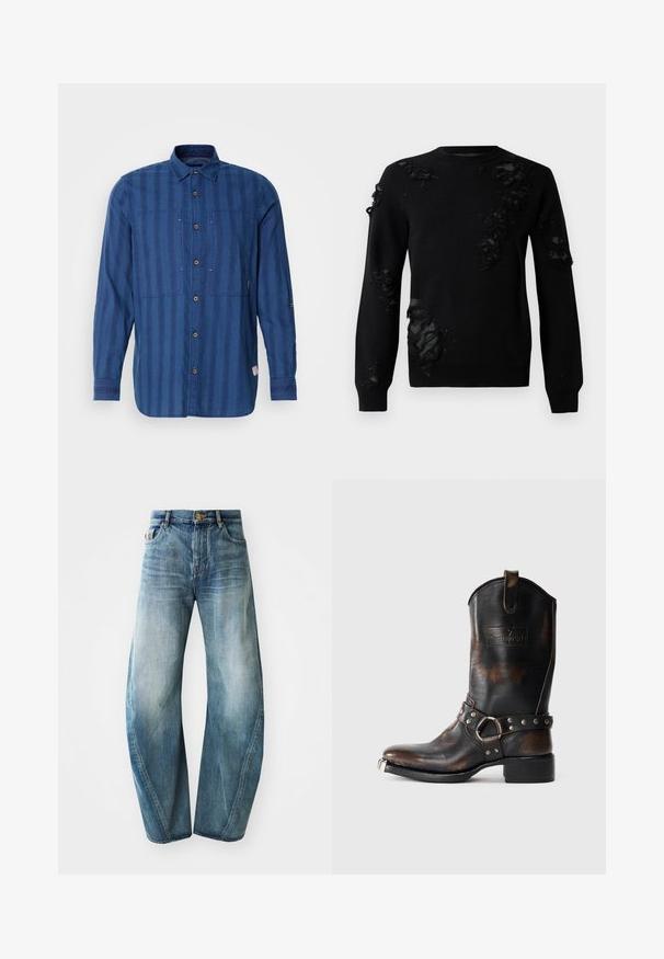 Mustertain mustri, millel on pikad varrukad, neist näed kulunud kangast aktsente ja tekstuuriga plaastreid. Ümar kaelus ja pehme kudumismaterjal.; Sinine triibuline pikkade varrukatega särk, mis on valmistatud pehmest kangast, nuppudega esiosa, kahe rinnatasku ja klassikalise kraega.; Heledad sinine denimist teksased, sirge säärega disainiga, kõrge vöökoht ja materjali kokkutõmbumisfunktsioon. Omab viit taskut ja nupukinnitust.; Must mustangi musta nahast saabas pruuni kulumisega, dekoratiivne rihm metallist nupud ja rõngas ning metallist varvaste kate valgel taustal.