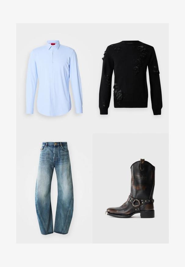 Mustertain mustri, millel on pikad varrukad, neist näed kulunud kangast aktsente ja tekstuuriga plaastreid. Ümar kaelus ja pehme kudumismaterjal.; Hele sinine pika varrukaga särk, mis on valmistatud siledast kangast, rohkete nööpidega ees, levitatud krae ja ümar hem. Brändi silt on nähtav krae sees.; Heledad sinine denimist teksased, sirge säärega disainiga, kõrge vöökoht ja materjali kokkutõmbumisfunktsioon. Omab viit taskut ja nupukinnitust.; Must mustangi musta nahast saabas pruuni kulumisega, dekoratiivne rihm metallist nupud ja rõngas ning metallist varvaste kate valgel taustal.