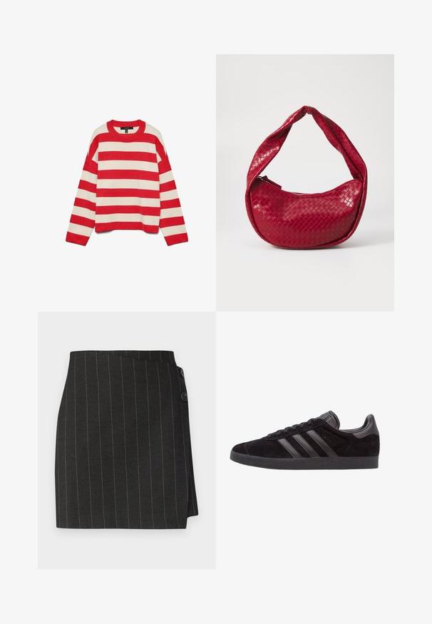 Rot- und cremegestreifter Pullover, Strickstoff, Rundhalsausschnitt, lange Ärmel, überschnittene Schultern, gerippte Bündchen und Saum, lockere Passform.; Weißes ärmelloses Tanktop aus geripptem Stoff, mit rundem Ausschnitt und figurbetonter Silhouette, minimalen Nähten und ohne Verzierungen.; Schwarzer Nadelstreifenrock mit taillierter Passform, asymmetrischem Wickeldesign und zwei Knöpfen an der Taille für den Verschluss.; Schwarze Wildledersneaker mit strukturierten Gummisohlen, drei schwarzen Lederstreifen, abgerundeter Zehenpartie und gepolstertem Knöchelkragen.; Rote handgewebte Lederhandtasche mit einem geschwungenen, gepolsterten Henkel, Reißverschluss und einer strukturierten Oberfläche, die insgesamt einen glänzenden Schimmer aufweist.