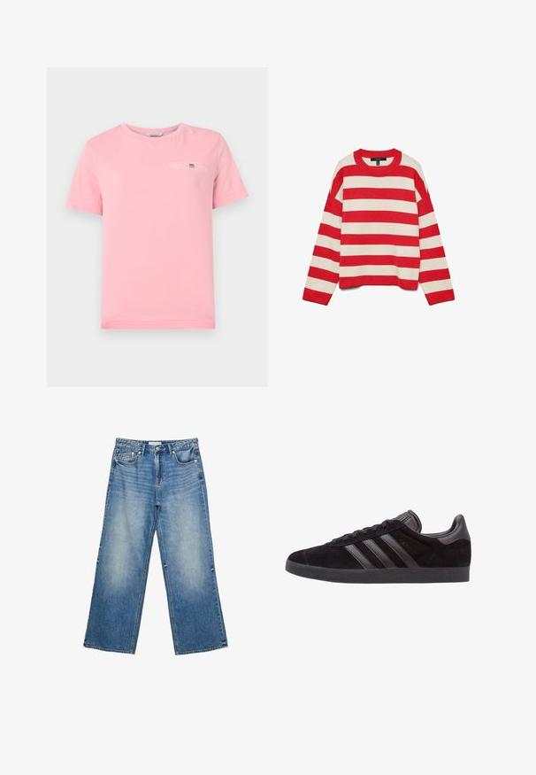 Sweter w czerwono-kremowe paski, dzianinowy materiał, okrągły dekolt, długie rękawy, opadające ramiona, ściągacze na mankietach i u dołu, luźny krój.; Różowa bawełniana koszulka z okrągłym dekoltem, krótkimi rękawami i białym logo na piersi. Gładka tekstura z prostym wykończeniem.; Szerokie niebieskie dżinsy z jasnym przetarciem, z pięcioma kieszeniami, zapięciem na guzik oraz widocznym szwem wzdłuż szwów.; Czarne zamszowe sneakersy z teksturowanymi gumowymi podeszwami, z trzema czarnymi skórzanymi paskami, okrągłym noskiem i wyściełanym kołnierzem wokół kostki.