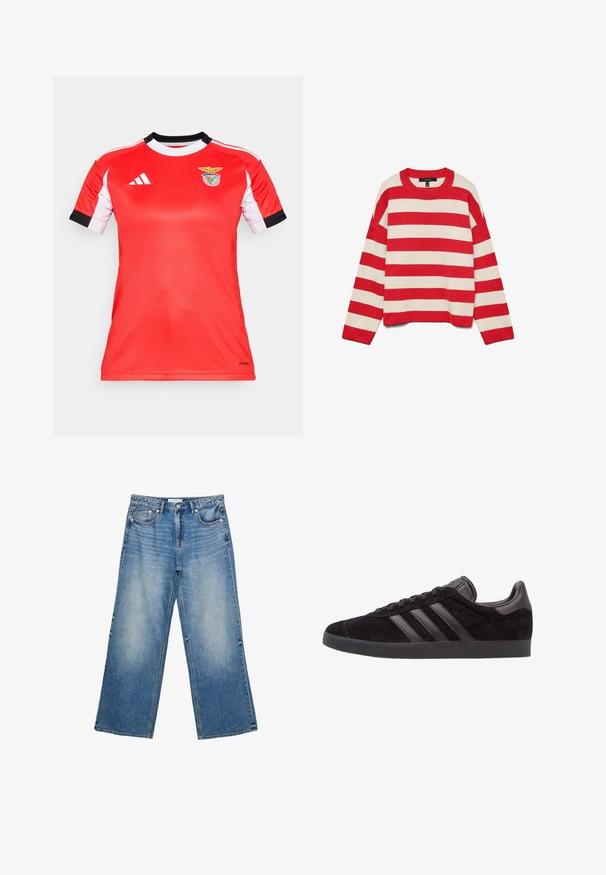 Röd och krämrandig tröja, stickad tyg, rundad hals, långa ärmar, sänkt axel, ribbade manschetter och fåll, lös passform.; Röd atletisk tröja med korta vita ärmar och svarta accenter. Har Benficas logotyp på bröstet. Tillverkad av andningsbart tyg.; Ljusblå denimjeans med vida ben, som har fem fickor, en knappstängning och synlig sömnad längs sömmarna.; Svarta mockaskor med strukturerade gummisulor, försedda med tre svarta läderremmar, rundad tå och vadderad ankelsupport.