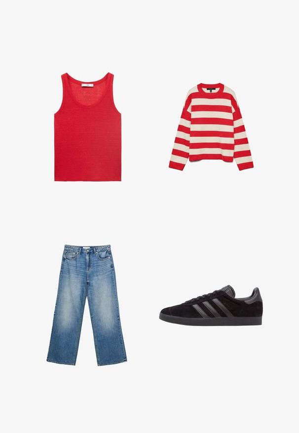 Pull rayé rouge et crème, en tissu tricoté, encolure ras du cou, manches longues, épaules tombantes, bords côtelés aux poignets et en bas, coupe ample.; Débardeur sans manches rouge en tissu léger, avec un col rond et une texture simple et lisse, sans motifs ni embellissements.; Jeans en denim bleu à jambes larges avec un léger délavage, dotés de cinq poches, d'une fermeture à bouton et de coutures visibles le long des coutures.; Baskets en suede noir avec semelles en caoutchouc texturé, dotées de trois bandes en cuir noir, d'un bout arrondi et d'un col de cheville rembourré.