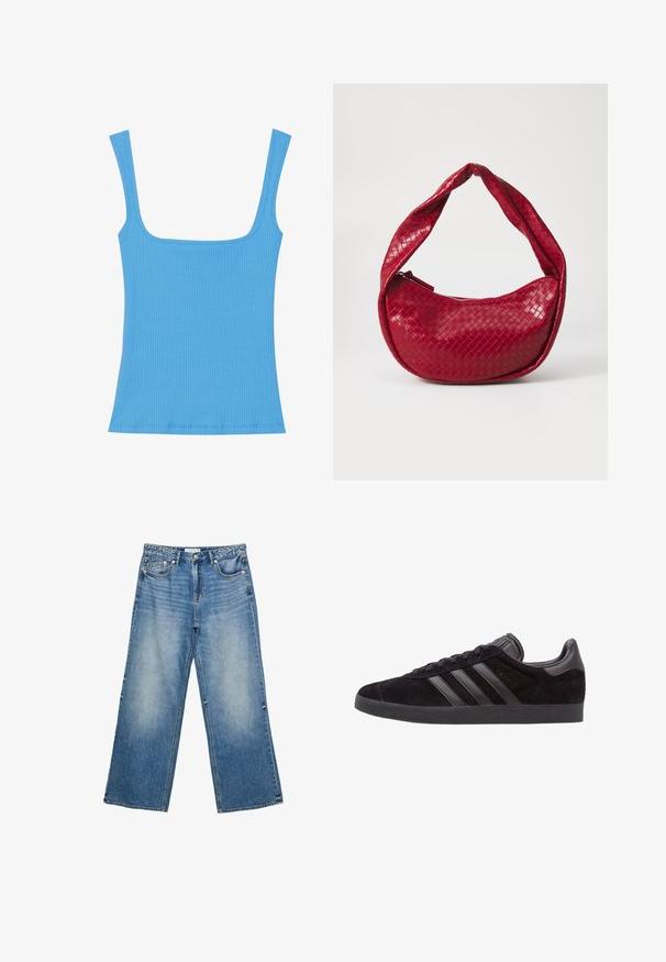 Maglione a righe rosse e crema, tessuto lavorato a maglia, scollo rotondo, maniche lunghe, spalle cadenti, polsini e orlo a coste, vestibilità ampia.; Top in maglia blu a coste con ampia scollatura quadrata, design senza maniche e silhouette aderente. Tessuto liscio con bordi cuciti in modo ordinato.; Jeans in denim blu a gamba ampia con lavaggio chiaro, dotati di cinque tasche, chiusura con bottone e cuciture a vista lungo le cuciture.; Sneaker nere in suede con suole in gomma testurizzata, dotate di tre strisce in pelle nera, punta arrotondata e collo imbottito alla caviglia.; Borsa a tracolla in pelle intrecciata rossa con manico curvo e imbottito, chiusura a zip e finitura testurizzata, con una lucentezza brillante.