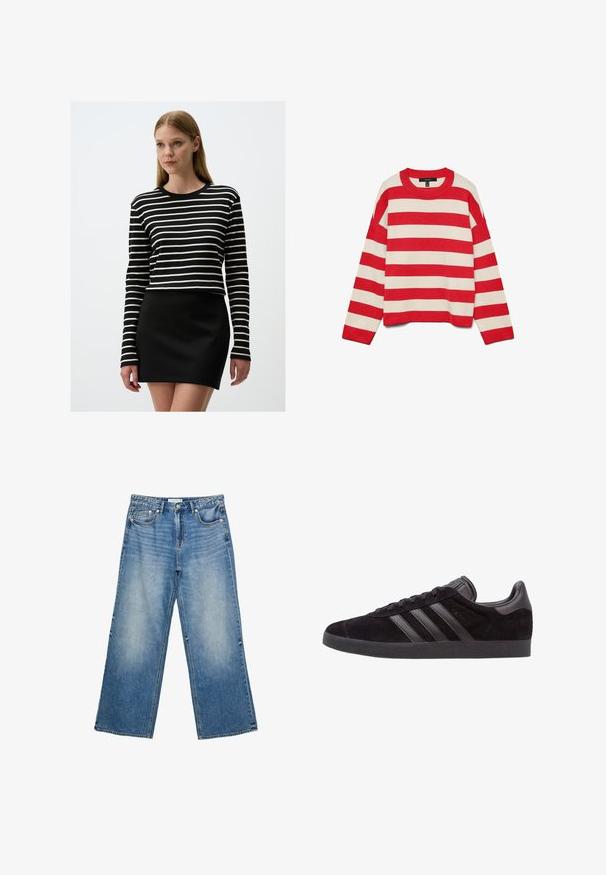 Rood en crèmekleurig gestreept sweater, gebreide stof, ronde hals, lange mouwen, verlaagde schouders, geribbelde manchetten en zoom, losse pasvorm.; Zwart-wit gestreepte langemouwen top, ronde halslijn, gecombineerd met een aansluitende zwarte minirok. De stof is soepel met een lichte stretch.; Brede blauwe spijkerbroek van denim met een lichte wasbeurt, voorzien van vijf zakken, een knoopsluiting en zichtbare stiksels langs de naden.; Zwarte suède sneakers met een gestructureerde rubberen zool, voorzien van drie zwarte leren strepen, een ronde neus en een gewatteerde enkelsok.