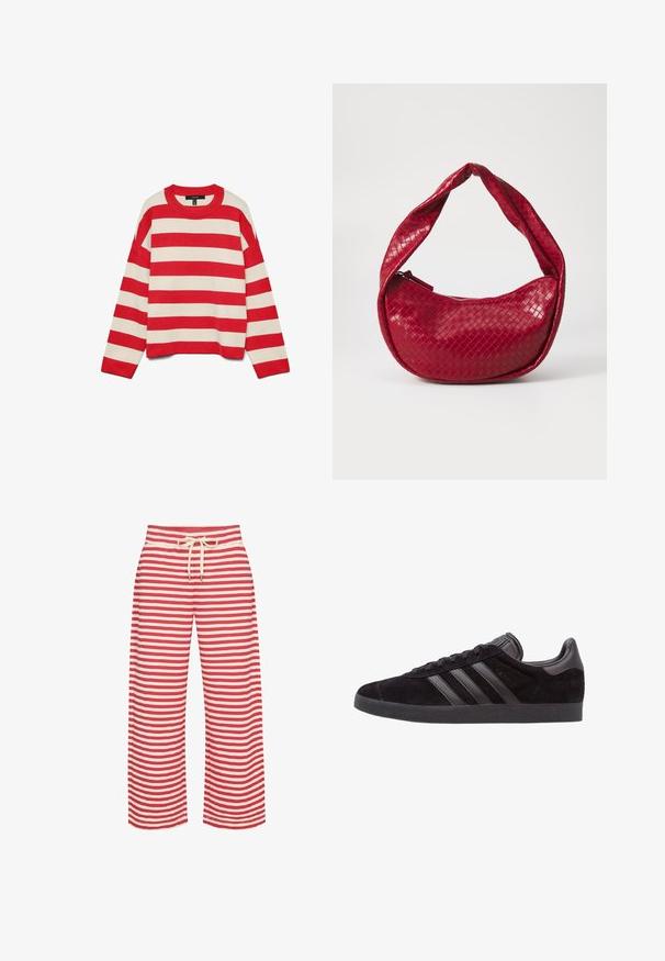 Suéter a rayas rojas y crema, tejido de punto, cuello redondo, mangas largas, hombros caídos, puños y dobladillo acanalados, ajuste holgado.; Pantalones de pierna ancha a rayas en rojo y crema, con cintura elástica y cordón, tejido suave y diseño de calce relajado.; Zapatillas de ante negro con suelas de goma texturizada, que presentan tres franjas de cuero negro, puntera redondeada y cuello acolchado en el tobillo.; Bolso de mano de cuero trenzado rojo con un asa curva y acolchada, cierre de cremallera y un acabado texturizado, que presenta un brillo brillante en toda su superficie.