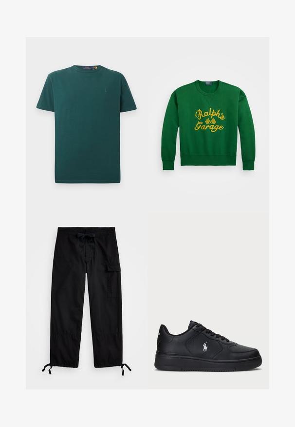 Zeleno majico s okroglim izrezom, ki ima rumeno vezeno besedilo "Ralph’s Garage" in detajle s šahovnico. Mešanica bombaža.; Temno zelena bombažna majica s krojnim ovratnikom in kratkimi rokavi. Ima majhen vezen logo na levem prsnem delu. Gladka tekstura, klasičen kroj.; Črne cargo hlače z elastičnim pasom in vrvico. Imajo stranske žepke in nastavljive manšete s toggli. Narejene so iz lahkega blaga.; Črne usnjene superge s perforiranim dizajnom, ravnim vezanjem in belim vezenim logotipom na strani. Debel črn gumijast podplat.