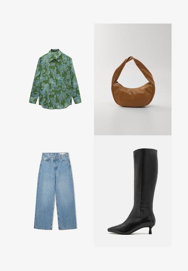 Hnedý a žltý argyle vzorovaný sveter, skrátený strih, okrúhly výstrih, vyrobený z mäkkého pleteného materiálu s rebrovanými manžetami a lemom.; Zelená košeľa s dlhým rukávom, ktorá má modrý paisley vzor, vyrobená z ľahkého materiálu, s klasickým golierom a zapínaním na gombíky.; Svetlomodré široké džínsy vyrobené z denimu, s vysokým pásom, piatimi vreckami, zapínaním na gombík a jemným vyblednutím pre textúru.; Zign Čižmy - black; Tkaná kožená kabelka v hnedej farbe, oválneho tvaru s hrubým zapleteným uchom, so zipsovým uzatváraním a lesklým povrchom.