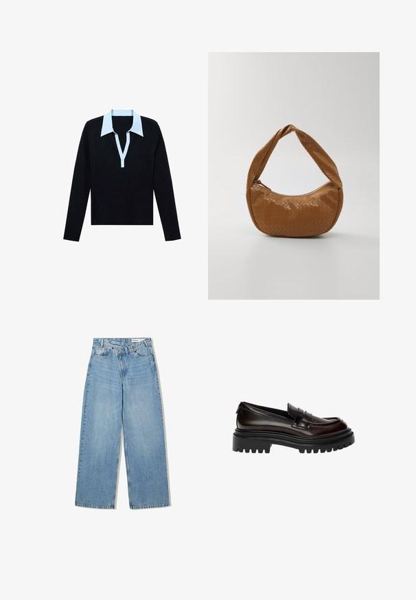 Brązowy i żółty sweter w romby, krótki fason, okrągły dekolt, wykonany z miękkiego dzianinowego materiału z prążkowanymi mankietami i dołem.; Czarna, długosleevowa koszula z jasnoniebieskim dekoltem w serek i listwą, leżąca na białym tle.; Jasnoniebieskie dżinsy w szerokim kroju, wykonane z denimu, z podwyższonym stanem, pięcioma kieszeniami, zapięciem na guzik i subtelnym wyblaknięciem dla uzyskania tekstury.; Ciemnobrązowe, wypolerowane skórzane mokasyny z masywną czarną podeszwą lug i klasycznym paskiem penny.; Torebka z plecionki ze skóry w kolorze brązowym, o owalnym kształcie z grubym plecionym uchwytem, posiadająca zamek błyskawiczny i błyszczącą fakturę.