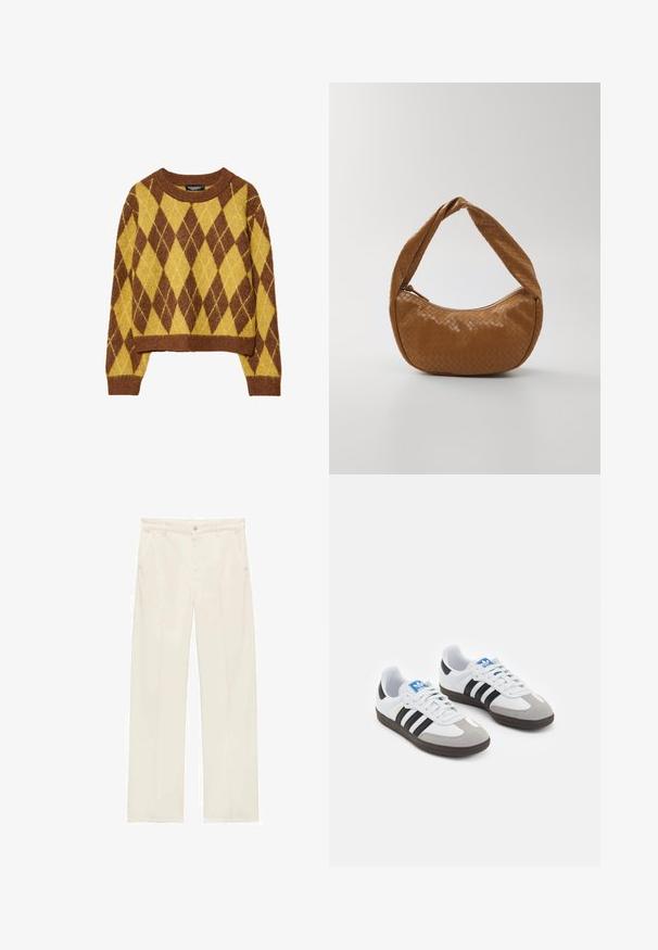 Brun og gul argyle-mønstrede sweater, cropped design, rund halsudskæring, lavet af blødt strikket materiale med ribbede manchetter og kant.; Beige vidde bukser lavet af glat stof, med en frontknaplukning, to sidelommer og minimale syninger.; Sportsko med en overdel i hvid læder, grå ruskind på tåen og tre sorte striber. Har et blåt logo på tungen og en struktureret gummisål.; Vævet læderhåndtaske i tan, oval form med et tykt flettet håndtag, der har en lynlås lukning og en blank overflade.