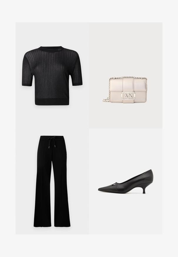 Czarny sweter z krótkim rękawem wykonany z materiału żebrowego, wyposażony w okrągły dekolt i lekko luźny krój. Delikatny połysk widoczny w fakturze.; Czarne szerokie spodnie dresowe z elastycznym pasem typu drawstring, z bocznymi rozcięciami, wykonane z miękkiego materiału i o eleganckim fasonie.; GIABORGHINI DANA czarny; Beżowa pikowana skórzana torebka na ramię z srebrnym łańcuchem, o prostokątnym kształcie i zauważalnym detalu w postaci logo AX.
