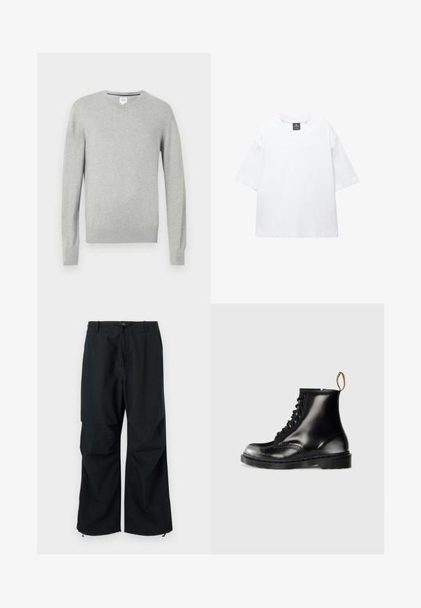 Svetle šedý svetr, design s výstřihem do V, dlouhé rukávy, žebrované manžety a lem, měkká textura. Značka umístěná na výstřihu.; Bílý krátký rukáv tričko vyrobené z bavlny, s kulatým výstřihem a volným střihem se rovním lemem. Bez vzorů nebo zdobení.; Černé kalhoty s širokými nohavicemi a stahovacími pásky v pase a elastickými lemy. Vyrobeny z lehké, texturované tkaniny. Jednoduchý design.; Černé kožené kotníkové boty s lesklým povrchem, osmi oky, černými tkaničkami a poutkem. Vyznačují se texturovanou podrážkou s profilováním.