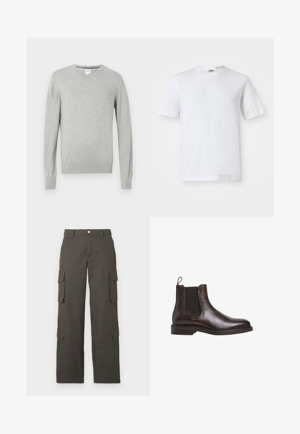Svetle šedý svetr, design s výstřihem do V, dlouhé rukávy, žebrované manžety a lem, měkká textura. Značka umístěná na výstřihu.; Bílá bavlněná tričko s krátkým rukávem, kulatým výstřihem a hladkou texturou. Žádné vzory ani akcenty nejsou viditelné.; Tmavě šedé cargo kalhoty rovného střihu s zapínáním na knoflík a čtyřmi klopovými kapsami, dvě na stehnech a dvě poblíž lýtek.; Hnědé kožené Chelsea boty s elastickými bočními panely, poutkem na patě a nízkým podpatkem. Hladká textura a elegantní silueta.