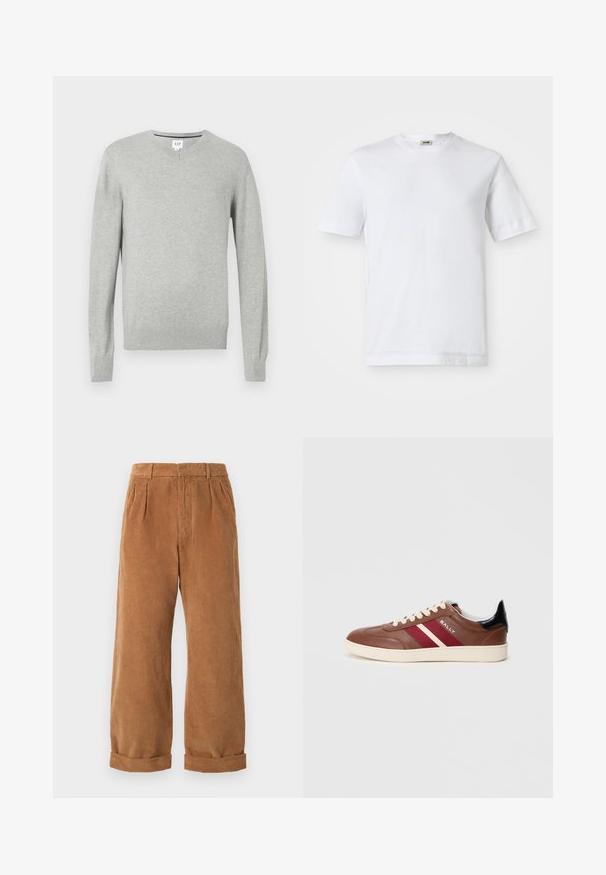 Ljusgrå tröja, v-halsdesign, långa ärmar, ribbade cuffar och fåll, mjuk textur. Märkesetikett placerad vid halslinningen.; Vit bomull T-shirt med kort ärm, rundad halslinning och en slät yta. Inga mönster eller detaljer syns.; Bruna kordfläskbyxor med vida ben, med framvikt och rullade fållar. Tyget har en texturerad, ribbad yta.; Bruna lädersneakers med vita och burgundiska ränder, beige snören och en svart hälaccent. Har en gummisula och en mjuk textur.