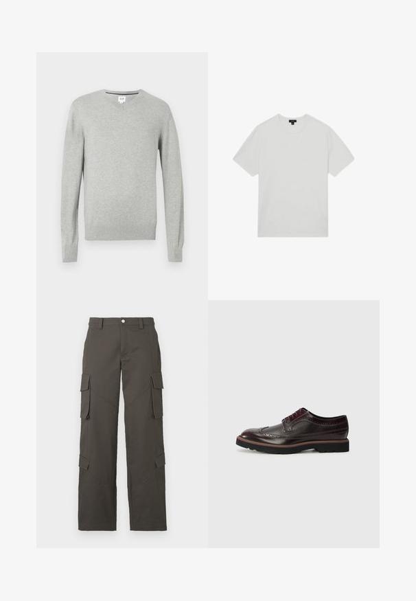 Lys grå sweater med v-hals-design, lange ærmer, ribbede manchetter og kant, blød tekstur. Mærkelabel placeret ved halsudskæringen.; Hvid bomulds t-shirt med rund hals, korte ærmer og en afslappet pasform. Glat tekstur, ingen mønstre eller udsmykninger.; Mørkegrå straight-leg cargo bukser med knaplukning og fire klaplommer, to på lårene og to nær læggene.; Brune læder brogues med perforerede detaljer, en rund tå, tekstilaccenter og en sort gummisål med en farvet kant.