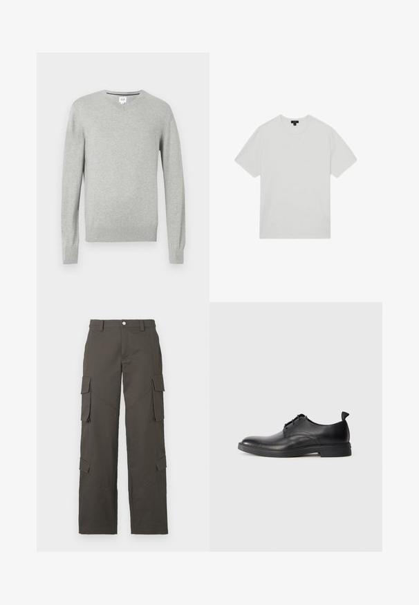 Šviesiai pilka megztinis, V formos iškirptė, ilgomis rankovėmis, su nubrauktais rankogaliais ir apačia, minkšta tekstūra. Prekės ženklas pažymėtas ant kaklo.; Balta medvilnė marškinėliai su apvalia iškirpte, trumpomis rankovėmis ir laisvu siluetu. Lygus audinys, be raštų ar puošmenų.; Tamsiai pilki tiesaus kirpimo cargo džinsai su mygtuko uždarymu ir keturiomis kišenėmis su dangteliu, dvi ant šlaunų ir dvi šalia blauzdų.; Juodų odinių vyriškų elegantiškų batų su raištelių uždarymu ir kilpa ant kulno šoninis profilis, rodomas ant balto fono.