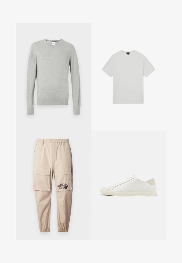 Kergelt hall kampsun, V-kaeluse disain, pikad varrukad, soonikkoesed ja ääred, pehme tekstuur. Brändi silt asub kaeluses.; Valge puuvillane T-särk, ümmarguse kaelusega, lühikeste varrukatega ja vabalt langeva lõikega. Sile tekstuur, ilma mustrite või kaunistusteta.; Beežid cargo püksid, mis on valmistatud kergest kangast, elastse vöökohtaga, vetthülgavate taskutega ja trükitud logoga vasakul säärel.; Valge nahast sneaker, millel on sile pind, ümar varvas ja minimalistlik disain. Omab beeže aktsente kontsas ja kummist tallat.