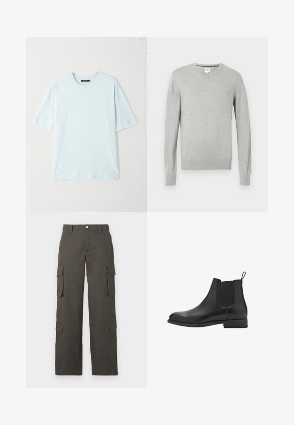 Vaaleanharmaa neule, V-pääntie, pitkät hihat, ribbireunat hihansuissa ja helmassa, pehmeä tekstuuri. Merkkilogo sijaitsee kaula-aukon kohdalla.; Vaaleansininen lyhythihainen t-paita klassisella pyöreällä kaula-aukolla, valmistettu pehmeästä kankaasta. Ominaisuuksiin kuuluu rento istuvuus ja sileä rakenne ilman kuvioita tai koristeita.; Tummanharmaat suorat cargo-housut, joissa napitus ja neljä läpällistä taskua, kaksi reiden kohdalla ja kaksi lähellä sääriä.; Mustat nahkaiset chelsea-nileet elastisilla sivupaneeleilla, pyöreällä varvalla ja matalalla lohkokannalla. Pehmeä pinta ja siisti, minimalistinen muotoilu.