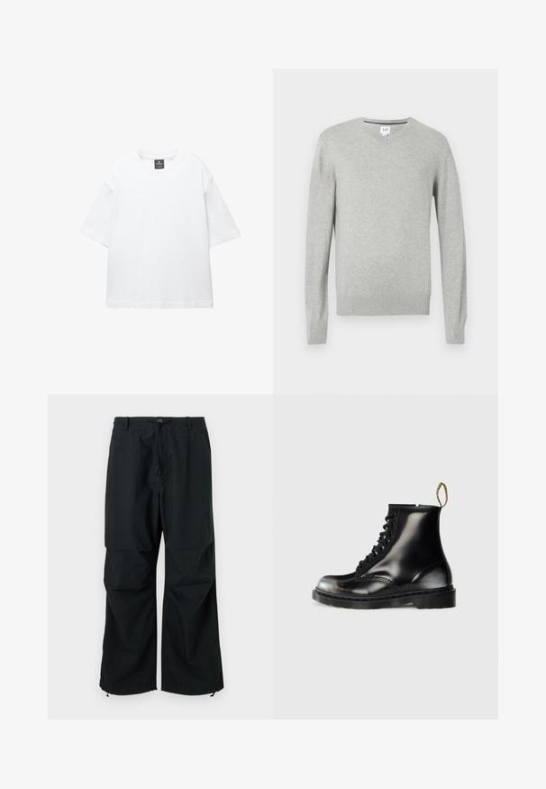 Pulover gri deschis, design cu decolteu în V, mâneci lungi, cu manșete și tiv cu jerseu, textură moale. Eticheta brandului se află la guler.; Tricou alb cu mânecă scurtă, confecționat din bumbac, având un decolteu rotund și o croială lejeră cu tiv drept. Fără modele sau broderii.; Pantaloni negri, cu picioare largi, având un cordon la talie și tivuri elastice. Confectionati dintr-un material ușor, texturat. Design simplu.; Botine negre din piele cu un finisaj lucios, cu opt găuri pentru șireturi, șireturi negre și o bandă de tragere. Au un talpă texturată cu model.