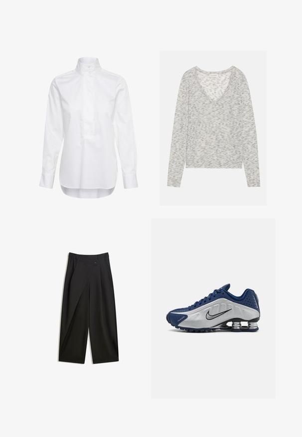 Šedý dlouhý rukáv s výstřihem do V, s jemnou skvrnitou texturou a měkkým úpletem. Etiketa nese nápis "ANNA FIELD."; Bílé košile s dlouhým rukávem vyrobené z bavlny. Má vysoký límec, zapínání na knoflíky a lehce delší zadní lem. Hladký materiál.; Černé kalhoty s širokými nohavicemi vyrobené z hladké látky. Mají přední sklady, zapínání na knoflík a upravený pas pro štíhlý střih.; Modré a stříbrné sportovní boty s texturovaným svrškem, perforacemi a zakřivenou podrážkou s kovovými tlumícími prvky. Černý akcent loga.