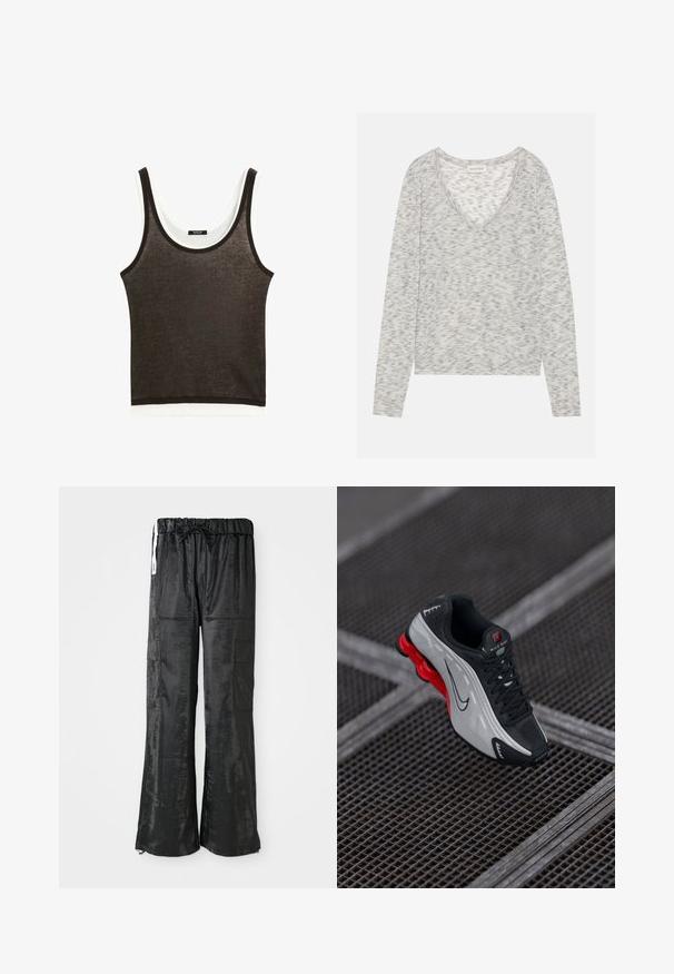 Gray long-sleeve top with a V-neck design, featuring a subtle speckled texture and soft knit material. Label reads "ANNA FIELD."; Dark brown sleeveless tank top with a white horizontal hem. Made from lightweight fabric, featuring a round neckline and minimalist design.; Black cargo pants made of shiny, textured fabric. Feature a wide-leg design, elastic waistband with drawstring, and multiple side pockets.; Black and gray athletic shoe with red cushioned sole, black laces, and swoosh logo resting on metal grid surface.