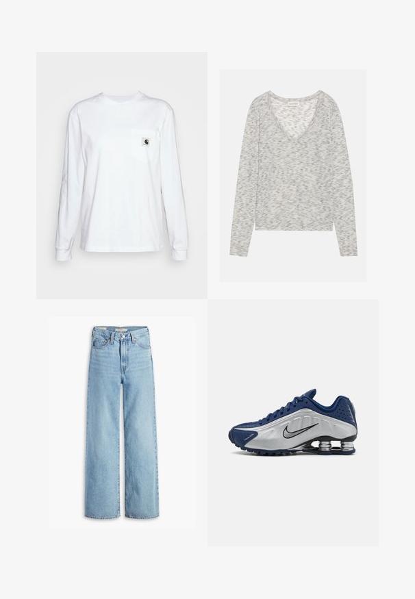 Gray long-sleeve top with a V-neck design, featuring a subtle speckled texture and soft knit material. Label reads "ANNA FIELD."; Long-sleeve white t-shirt made of cotton, featuring a chest pocket with a square logo patch, round neckline, and ribbed cuffs.; High-waisted, light blue wide-leg jeans with front button and zipper, belt loops, and five-pocket styling.; Blue and silver athletic shoes with a textured upper, perforations, and a curved sole featuring metallic cushioning elements. Black logo accent.