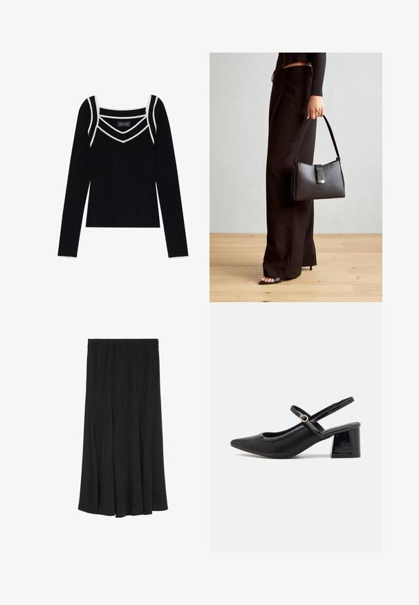 Haut noir à manches longues avec un décolleté carré, présentant des détails en contraste blanc le long du cou et des épaules. Fabriqué en tissu doux et texturé.; Marc O'Polo Jupe trapèze - black; Escarpins slingback en cuir verni noir avec un embout pointu, un design à découpes arrondies et un talon carré. Présente un accent de boucle en ton doré.; Sac à main noir à la forme structurée, texture lisse et fermoir métallique. Associé à un pantalon noir ample et des sandales ouvertes sur un sol en bois.