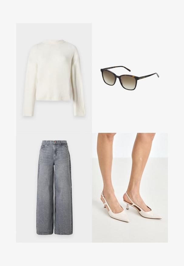 Krém színű, kötött pulóver hosszú ujjal és kerek nyakkivágással. Bordázott mandzsettákkal és cropped fazonnal rendelkezik, amely puhának érződik.; Széles szárú farmernadrág fakó szürke mosással, öt zsebbel, gombos záródással és puha tapintással, finom viselési részletekkel.; Beige patent bőr slingback magassarkúk hegyes orral és 5 cm-es sarokkal, kivágott oldalakkal és vékony bokapánttal.; Tortoiseshell napszemüveg négyzet alakú kerettel, színsémás lencsékkel és arany logós díszítéssel a szárakon. Simább műanyag anyag.; Fehér műbőr kézitáska rövid fogantyúkkal, állítható vállpánttal és aranyszínű kiegészítőkkel; az elején egy diszkrét logó található.