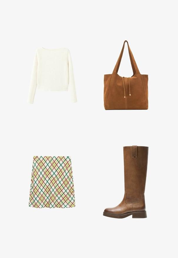 Bela, dolg rokav, rebrast pleten pulover z rahlim čolnasti izrezom in ravnim robom.; Bela A-linijska krila s križastim karo vzorcem v zeleni, rjavi in rumeni barvi, do kolen, prikazana na belem ozadju.; Bralne usnjene škornje do kolen z zaobljenim nosom, teksturirano površino in nizkim platiščem. Imajo stranski panel in zanko za poteg na vrhu.; Rjava semiš torba z dvema dolgima ročajema, z vrvico za zapiranje in minimalističnim dizajnom. Gladka tekstura in brez vidnih kovinskih dodatkov.