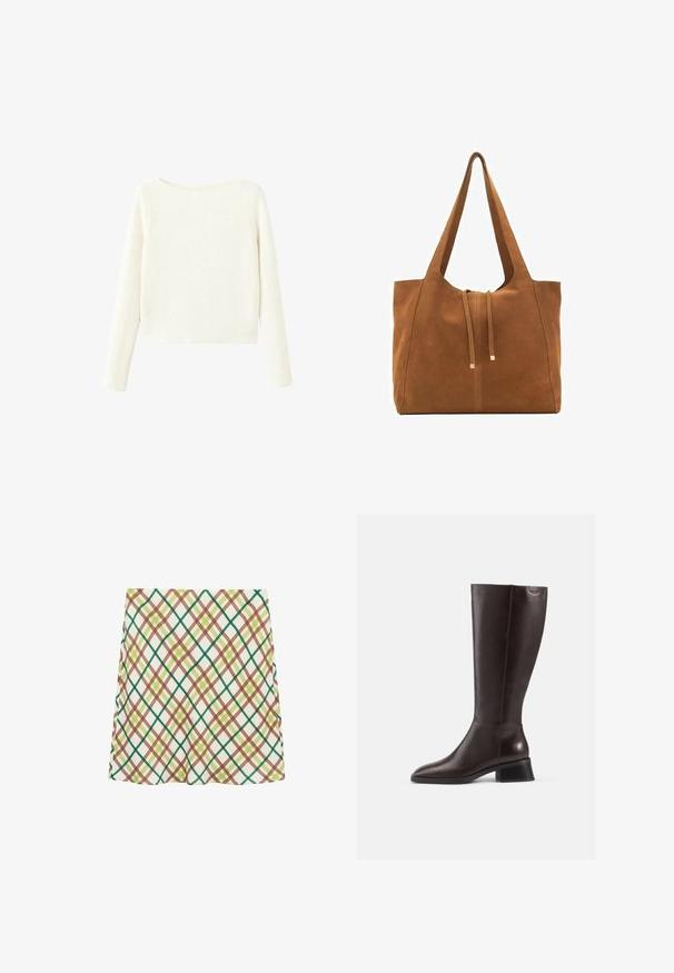 Bijela, dugačka, pletiva majica s rebrastim uzorkom, blago brojnim izrezom i ravnim rubom.; Bijela A-line suknja s uzorkom kariranih križanja u zelenoj, smeđoj i žutoj boji, do koljena, prikazana na bijeloj pozadini.; Kratke smeđe kožne čizme do koljena s glatkom površinom, okruglim vrhom i crnim potplatom. Jednostavan dizajn s minimalnim detaljima od hardvera.; Smeđa antilop torba za ruke s dva duga remena, zatvaranje na vezicu i minimalistički dizajn. Glatka tekstura i bez vidljivih metalnih elemenata.