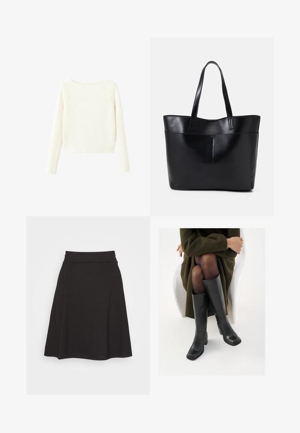 Biała, długosleeve, prążkowana dzianinowa sweter z lekko łódkowym dekoltem i prostym dołem.; Czarna spódnica rozszerzana wykonana z miękkiego materiału o gładkiej teksturze. Posiada szeroki pas i sięga do połowy uda.; Kozaki skórzane do kolan w kolorze czarnym, z kwadratowym noskiem i słupkowym obcasem, pokazane na modelce siedzącej w oliwkowej zielonej kurtce. Gładka tekstura, minimalne detale.; Czarna skórzana torba na ramię z dwoma długimi uchwytami, gładką teksturą i sztywną formą. Posiada przednią kieszeń dla dodatkowego przechowywania.