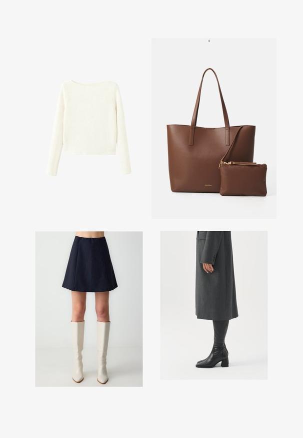 Witte, lange mouwen, ribgebreide trui met een licht gebogen halslijn en een rechte zoom.; Marineblauwe A-lijn rok met verticale streepjes, geplooid design en een elastische tailleband. Gecombineerd met glanzende, kniehoge witte laarzen.; Grijze, op maat gemaakte overjas met een rechte snit; gecombineerd met kniehoge zwarte leren laarzen met een vierkante neus en chunkyerand.; Bruine neplederen schoudertas met twee lange handvatten en een bijpassend klein pouch. Het oppervlak heeft een gestructureerd patroon en gouden hardware accenten.