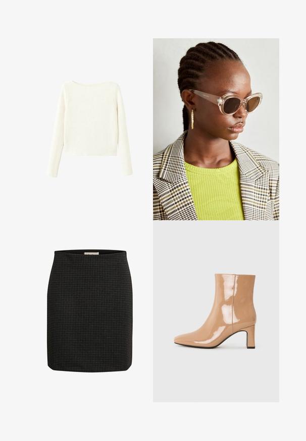 Pull en maille côtelée blanc à manches longues, avec une encolure bateau légèrement dégagée et un ourlet droit.; Jupe à motif pied-de-poule noir avec un design ajusté, une silhouette droite et une texture lisse. Présente une taille pour un confort supplémentaire.; Bottes à talon nu patent avec un bout pointu, une finition brillante et un talon bloc de hauteur intermédiaire. Texture lisse et silhouette élégante.; Lunettes de soleil en forme d'œil de chat transparentes avec des verres marron. Modèle portant un haut côtelé vert et un blazer à carreaux. Boucles d'oreilles dorées en forme de créole.; Sac fourre-tout en cuir blanc avec une forme structurée, des coutures marquées, une étiquette en matériel doré et deux poignées. Surface texturée avec des poches latérales.