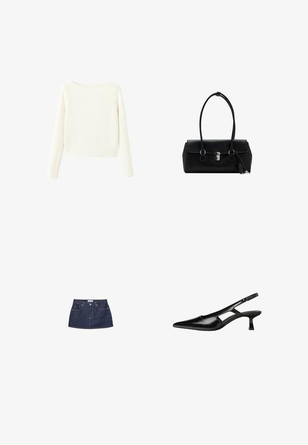 Bijela, dugačka, pletiva majica s rebrastim uzorkom, blago brojnim izrezom i ravnim rubom.; Denim mini suknja tamnoplave boje s uskim pojasom, prednjim džepovima i metalnim kopčanjem. Glatka tekstura i klasičan kroj.; Crne lakirane natikače na remenčić sa špicastim nosom, dizajnom sa izrezima sa strane i malim kvadratnim potplatom. Glatka tekstura s minimalnim akcentima.; Crna kožna torba s glatkom teksturom, strukturiranim dizajnom, dvostrukim ručkama i detaljem od srebra na kopčanju u sredini.